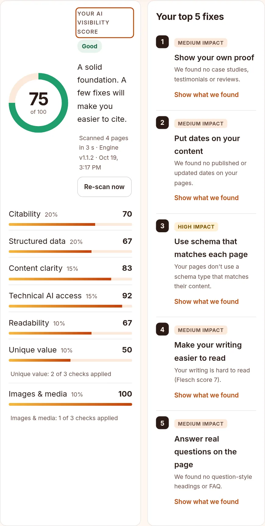 Example: CTO.LA free AI website audit result for cto.la at desktop width, a score of 75 out of 100 (Good), with the seven factor scores and the top 5 fixes.